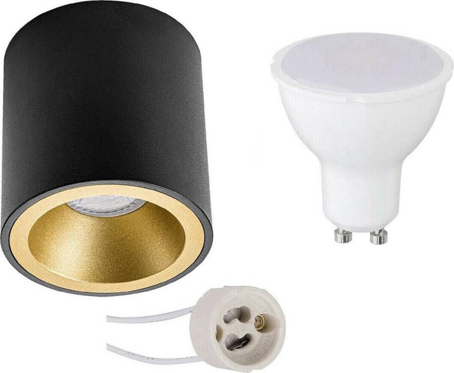 BES LED Opbouwspot Set Pragmi Cliron Pro GU10 Fitting Dimbaar Opbouw Rond Mat Zwart Goud 6W Helder Koud Wit 6400K Verdiept Ø90mm