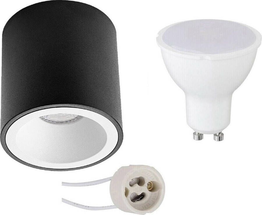 BES LED Opbouwspot Set Pragmi Cliron Pro GU10 Fitting Dimbaar Opbouw Rond Mat Zwart Wit 6W Helder Koud Wit 6400K Verdiept Ø90mm