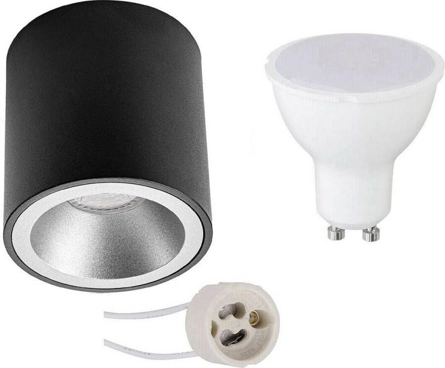 BES LED Opbouwspot Set Pragmi Cliron Pro GU10 Fitting Dimbaar Opbouw Rond Mat Zwart Zilver 6W Helder Koud Wit 6400K Verdiept Ø90mm