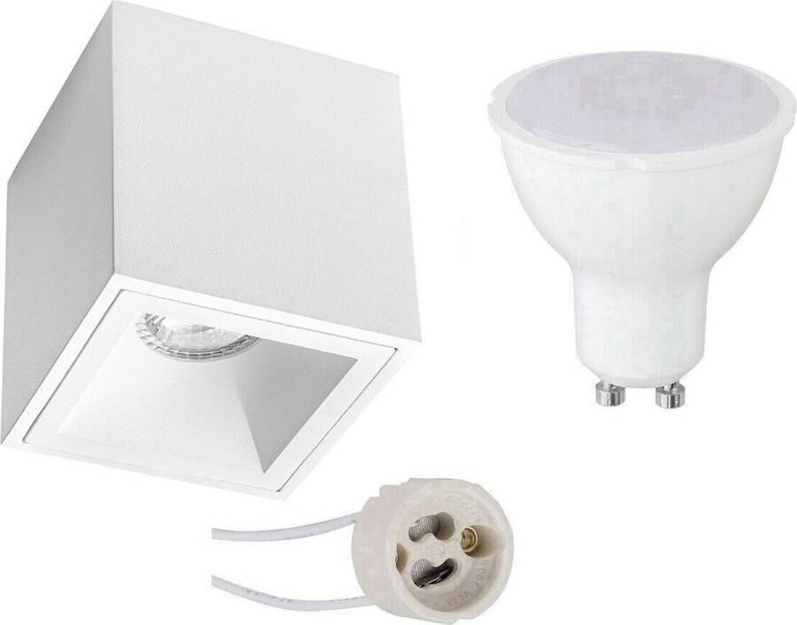 BES LED Opbouwspot Set Pragmi Cliron Pro GU10 Fitting Dimbaar Opbouw Vierkant Mat Wit 6W Helder Koud Wit 6400K Verdiept 90mm