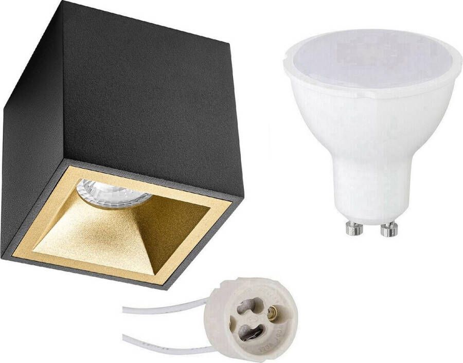 BES LED Opbouwspot Set Pragmi Cliron Pro GU10 Fitting Dimbaar Opbouw Vierkant Mat Zwart Goud 6W Natuurlijk Wit 4200K Verdiept 90mm