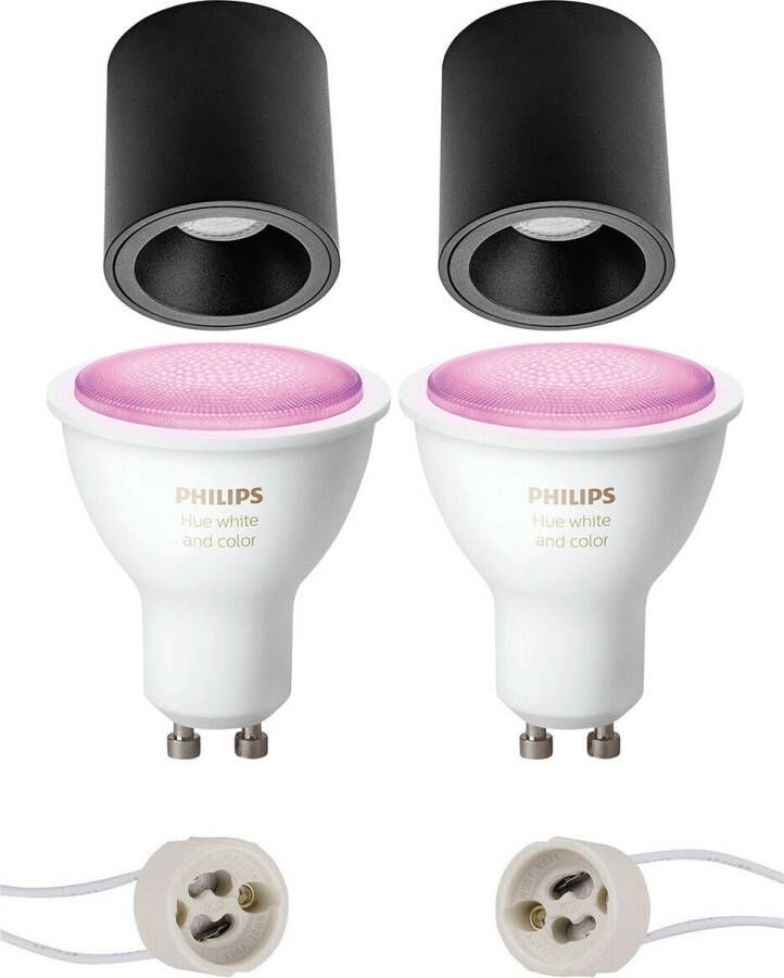 BES LED Pragmi Cliron Pro Opbouw Rond Mat Zwart Verdiept Ø90mm Philips Hue Opbouwspot Set GU10 White Ambiance Bluetooth