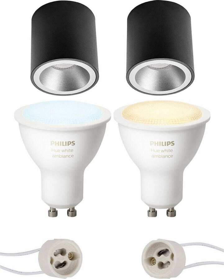 BES LED Pragmi Cliron Pro Opbouw Rond Mat Zwart Zilver Verdiept Ø90mm Philips Hue Opbouwspot Set GU10 White Ambiance Bluetooth