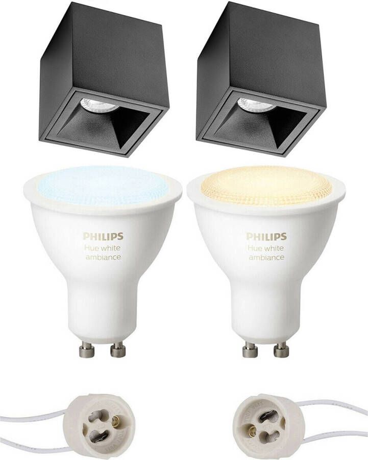 BES LED Pragmi Cliron Pro Opbouw Vierkant Mat Zwart Verdiept 90mm Philips Hue Opbouwspot Set GU10 White Ambiance Bluetooth