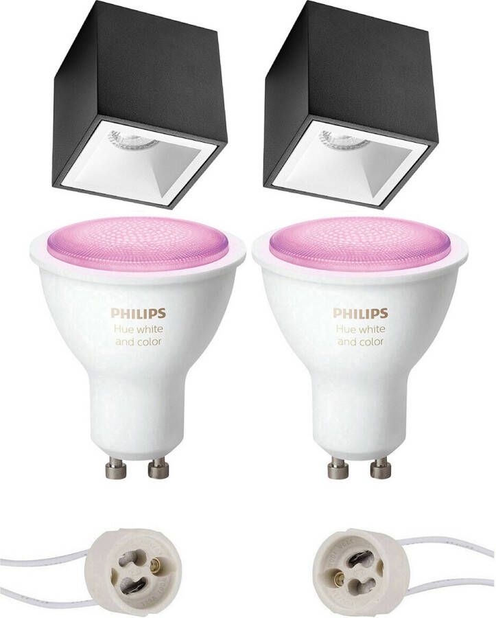 BES LED Pragmi Cliron Pro Opbouw Vierkant Mat Zwart Wit Verdiept 90mm Philips Hue Opbouwspot Set GU10 White Ambiance Bluetooth