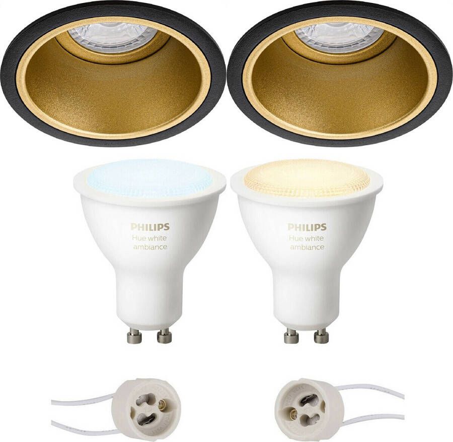 BES LED Pragmi Minko Pro Inbouw Rond Mat Zwart Goud Verdiept Ø90mm Philips Hue LED Spot Set GU10 White Ambiance Bluetooth