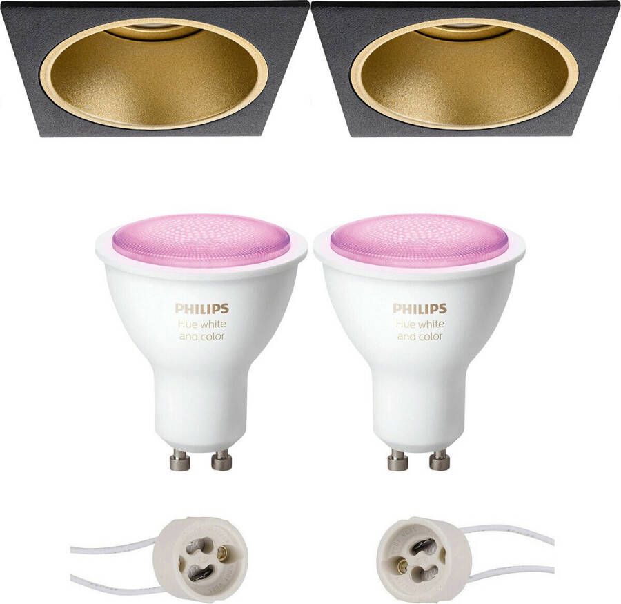 BES LED Pragmi Minko Pro Inbouw Vierkant Mat Zwart Goud Verdiept 90mm Philips Hue LED Spot Set GU10 White Ambiance Bluetooth