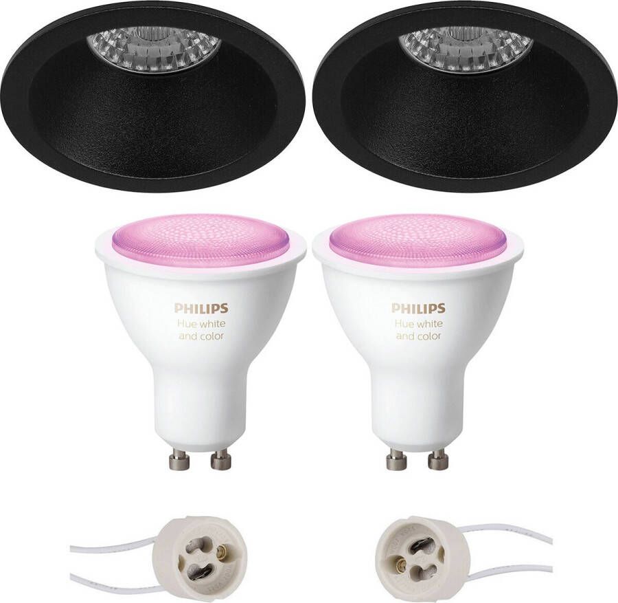 BES LED Pragmi Pollon Pro Inbouw Rond Mat Zwart Verdiept Ø82mm Philips Hue LED Spot Set GU10 White and Color Ambiance Bluetooth