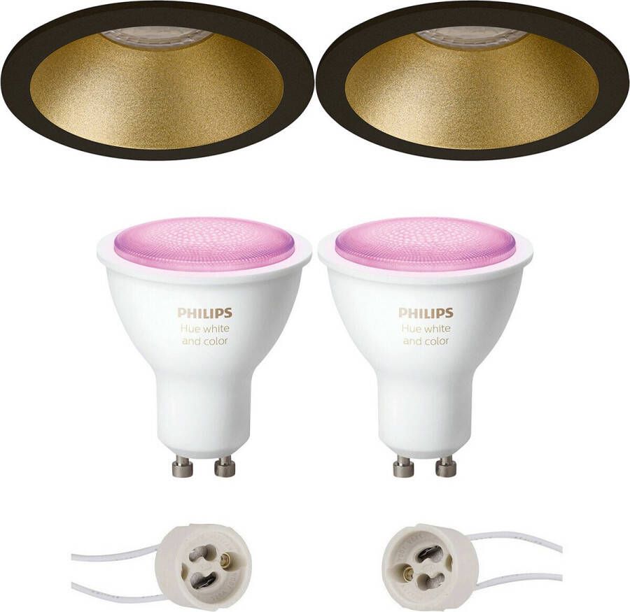 BES LED Pragmi Pollon Pro Inbouw Rond Mat Zwart Goud Verdiept Ø82mm Philips Hue LED Spot Set GU10 White Ambiance Bluetooth