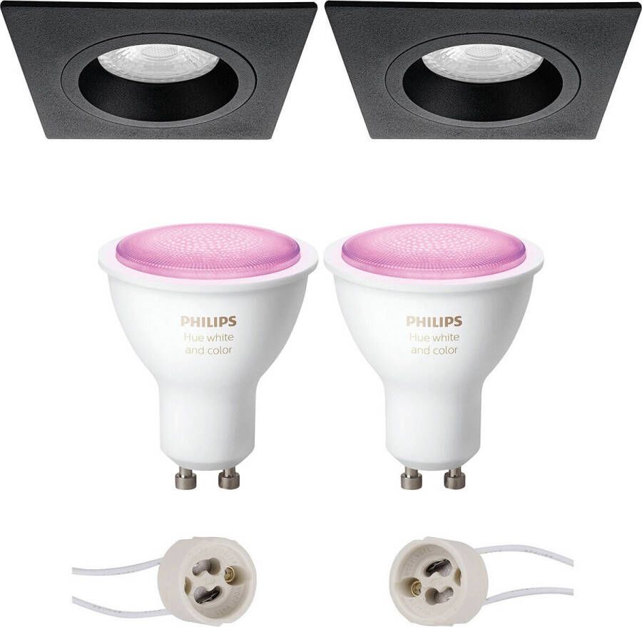 BES LED Pragmi Rodos Pro Inbouw Vierkant Mat Zwart 93mm Philips Hue LED Spot Set GU10 White and Color Ambiance Bluetooth