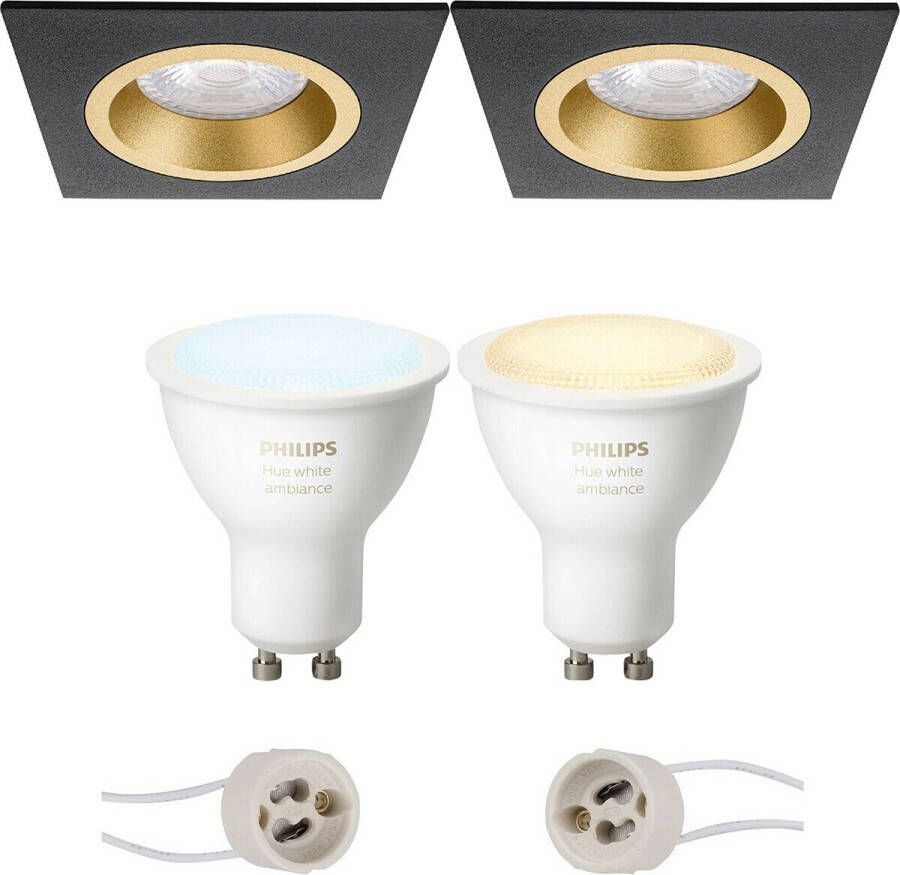 BES LED Pragmi Rodos Pro Inbouw Vierkant Mat Zwart Goud 93mm Philips Hue LED Spot Set GU10 White Ambiance Bluetooth