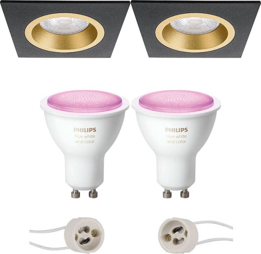 BES LED Pragmi Rodos Pro Inbouw Vierkant Mat Zwart Goud 93mm Philips Hue LED Spot Set GU10 White and Color Ambiance Bluetooth