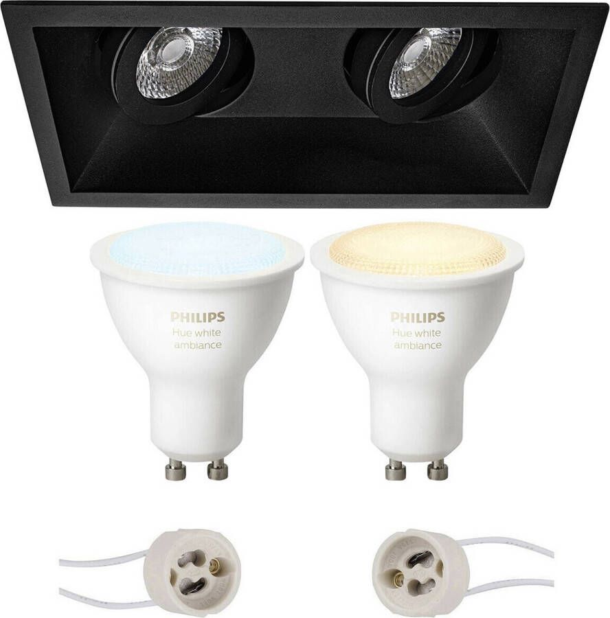 BES LED Pragmi Zano Pro Inbouw Rechthoek Dubbel Mat Zwart Kantelbaar 185x93mm Philips Hue LED Spot Set GU10 White Ambiance Bluetooth