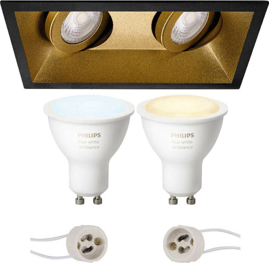 BES LED Pragmi Zano Pro Inbouw Rechthoek Dubbel Mat Zwart Goud Kantelbaar 185x93mm Philips Hue LED Spot Set GU10 White Ambiance Bluetooth