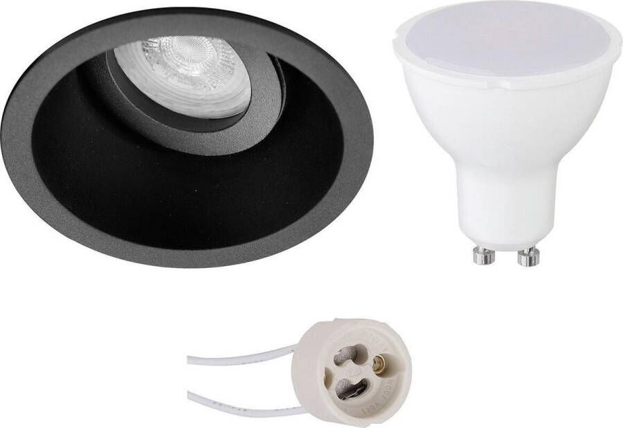 BES LED Spot Set Pragmi Zano Pro GU10 Fitting Dimbaar Inbouw Rond Mat Zwart 6W Helder Koud Wit 6400K Kantelbaar Ø93mm