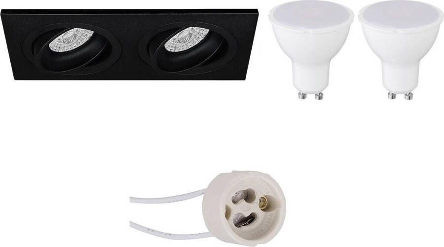 BES LED Spot Set Pragmi Borny Pro GU10 Fitting Inbouw Rechthoek Dubbel Mat Zwart 6W Natuurlijk Wit 4200K Kantelbaar 175x92mm