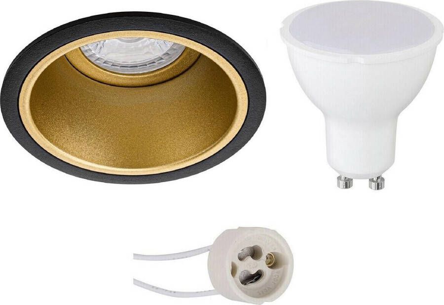 BES LED Spot Set Pragmi Minko Pro GU10 Fitting Dimbaar Inbouw Rond Mat Zwart Goud 6W Helder Koud Wit 6400K Verdiept Ø90mm