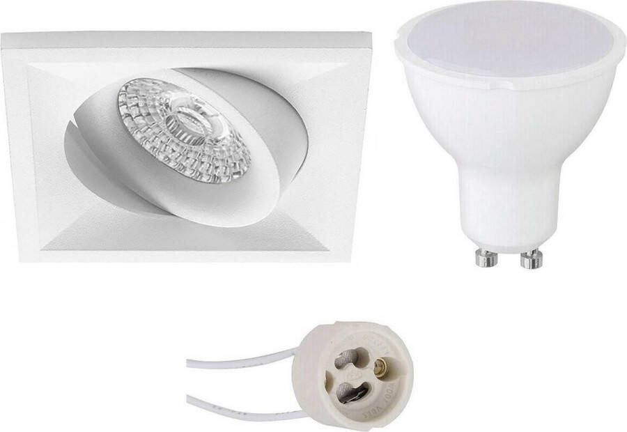 BES LED Spot Set Pragmi Qiundo Pro GU10 Fitting Dimbaar Inbouw Vierkant Mat Wit 6W Helder Koud Wit 6400K Kantelbaar 80mm