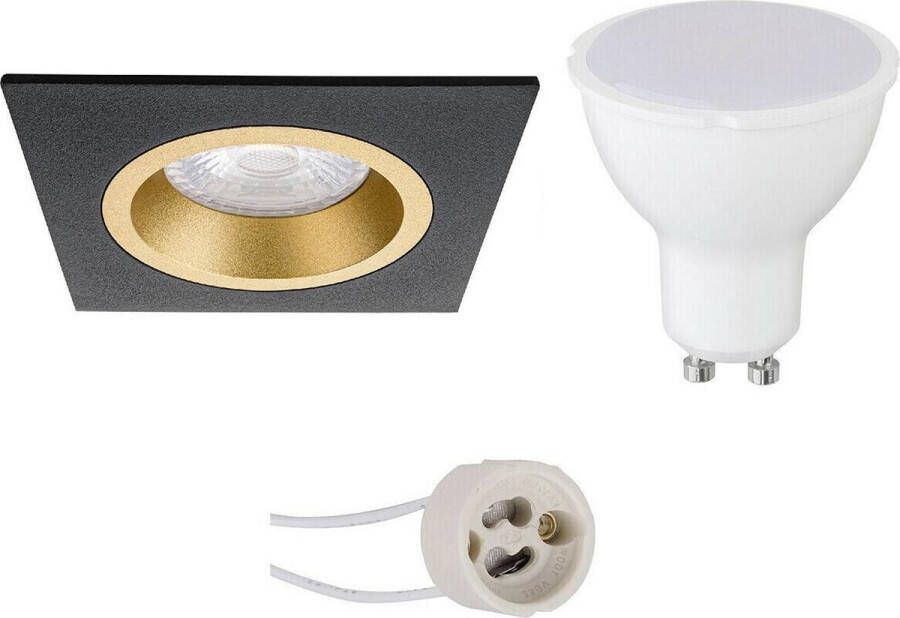 BES LED Spot Set Pragmi Rodos Pro GU10 Fitting Dimbaar Inbouw Vierkant Mat Zwart Goud 6W Helder Koud Wit 6400K 93mm