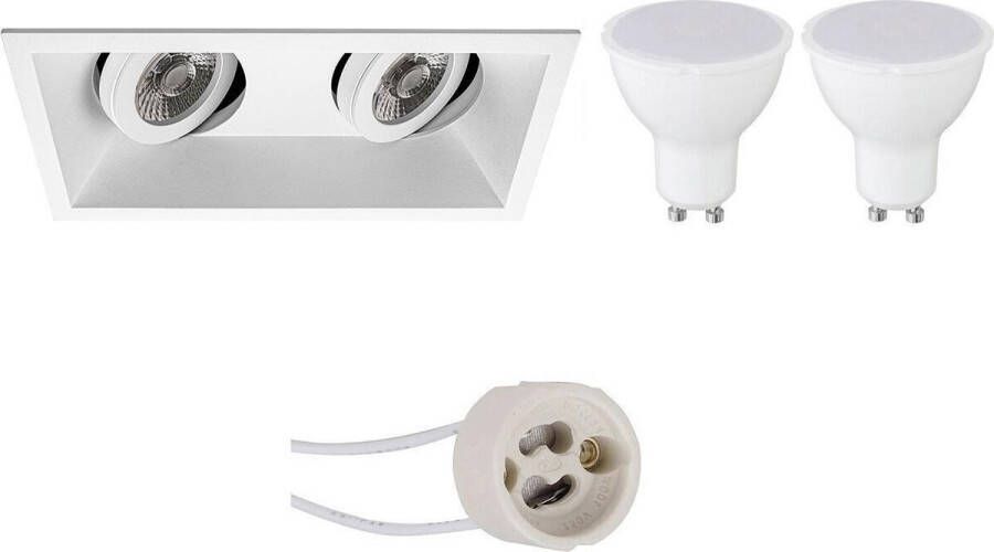 BES LED Spot Set Pragmi Zano Pro GU10 Fitting Dimbaar Inbouw Rechthoek Dubbel Mat Wit 6W Helder Koud Wit 6400K Kantelbaar 185x93mm