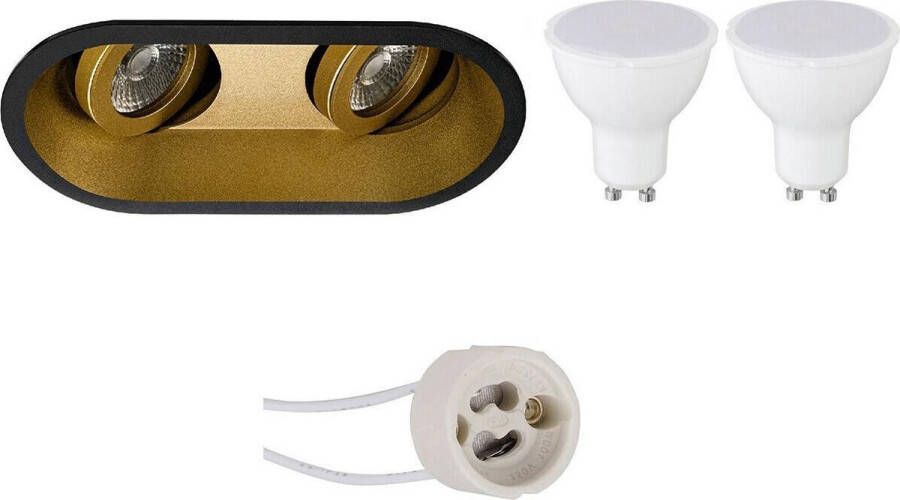 BES LED Spot Set Pragmi Zano Pro GU10 Fitting Dimbaar Inbouw Ovaal Dubbel Mat Zwart Goud 6W Helder Koud Wit 6400K Kantelbaar 185x93mm