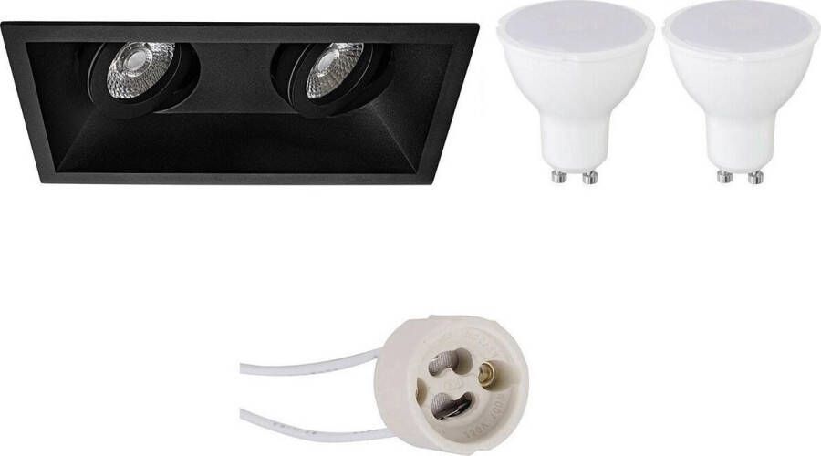 BES LED Spot Set Pragmi Zano Pro GU10 Fitting Dimbaar Inbouw Rechthoek Dubbel Mat Zwart 6W Helder Koud Wit 6400K Kantelbaar 185x93mm