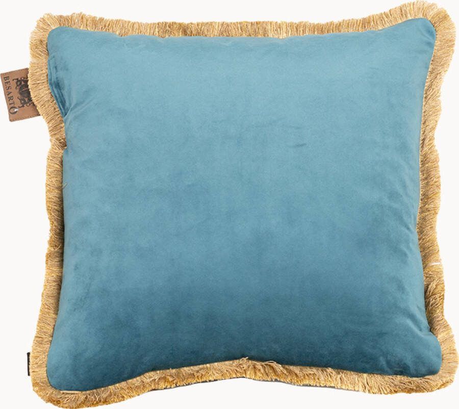 Besarto Warmtekussen Carino Petrol Velvet 45x45 cm Fringe Gold Draadloos Warmtekussen Infraroodwarmte 8 uur warmte Energiebesparend & Duurzaam Oplaadbaar Warmtekussen incl. Varta 10.000 MAh powerbank Electrisch kussen
