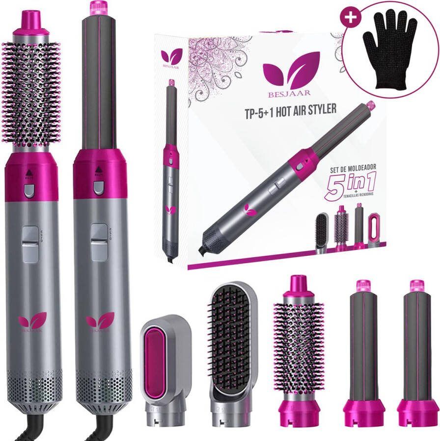 Besjaar Airstyler Krultang 5 in 1 Multistyler Föhnborstel 5 in 1 multi styler Stijltang Hairwrap Haardroger met Borstel Rozen Zilver met handshonen Nieuwe Versie 2024