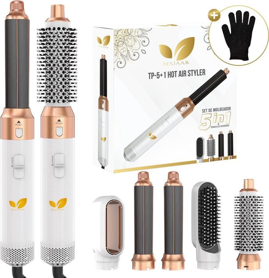 Besjaar Airstyler Krultang 5 in 1 Multistyler Föhnborstel 5 in 1 multi styler Stijltang Hairwrap Haardroger met Borstel Wit Goud met handshonen Nieuwe Versie 2024