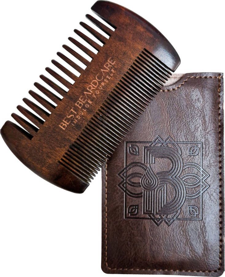 Best Beardcare Best-Beardcare Baardkam van Kersenhout incl. PU leren beschermhoes Dubbelzijdig fijn en grof Antistatisch Anti-Klit Baardverzorging – na gebruik van baardolie of balsem Beard comb