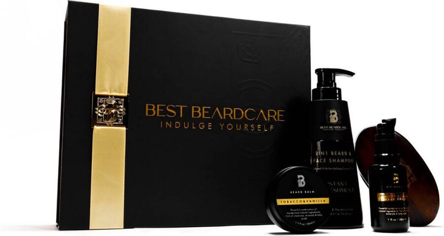 Best Beardcare Geschenkset Grooming Kit met Instant Refreshment Baard & Gezicht Shampoo Tobacco & Vanilla Baardolie Baardbalsem en Baardborstel gemaakt van natuurlijke zwijnenharen & kersenhout in luxe geschenk box een perfect cadeau