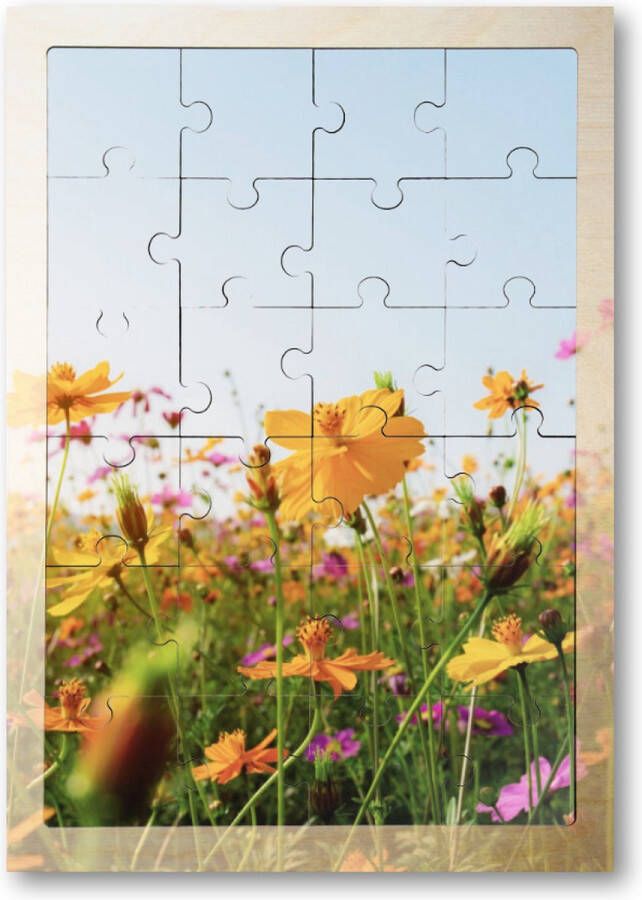 Besteposter Bloemen in veld met zonsondergang 24 Stukjes Houten Puzzel Natuur Bloemen