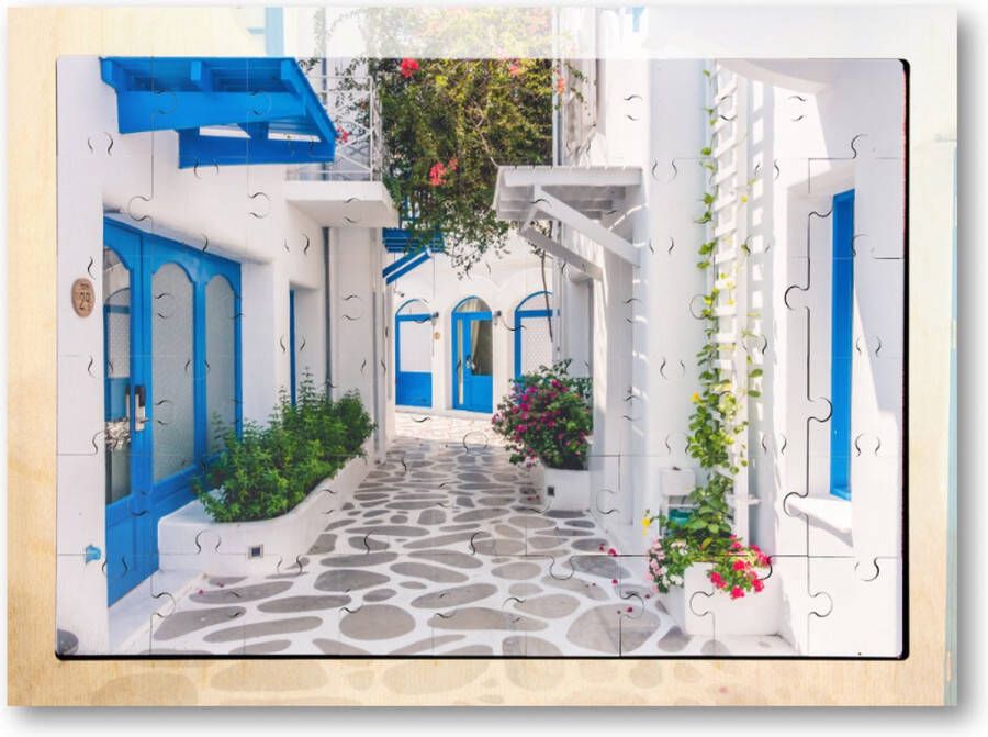 Besteposter Grieks Straatje Griekenland 54 Stukjes Houten Puzzel Bloemen