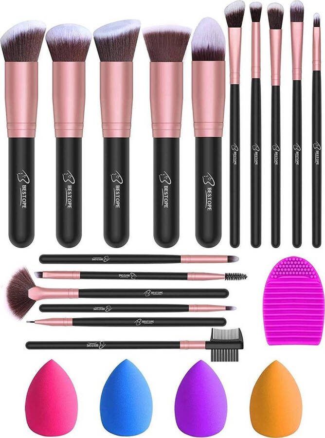Bestope Make up Kwasten set met Beauty blenders 16 delig Brush set Kwasten reiniger Rosé Goud