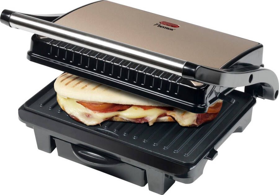 Bestron Contactgrill voor 2 Personen Paninimaker met Vetopvangbak & antiaanbaklaag 1000 Watt Lichtbeige