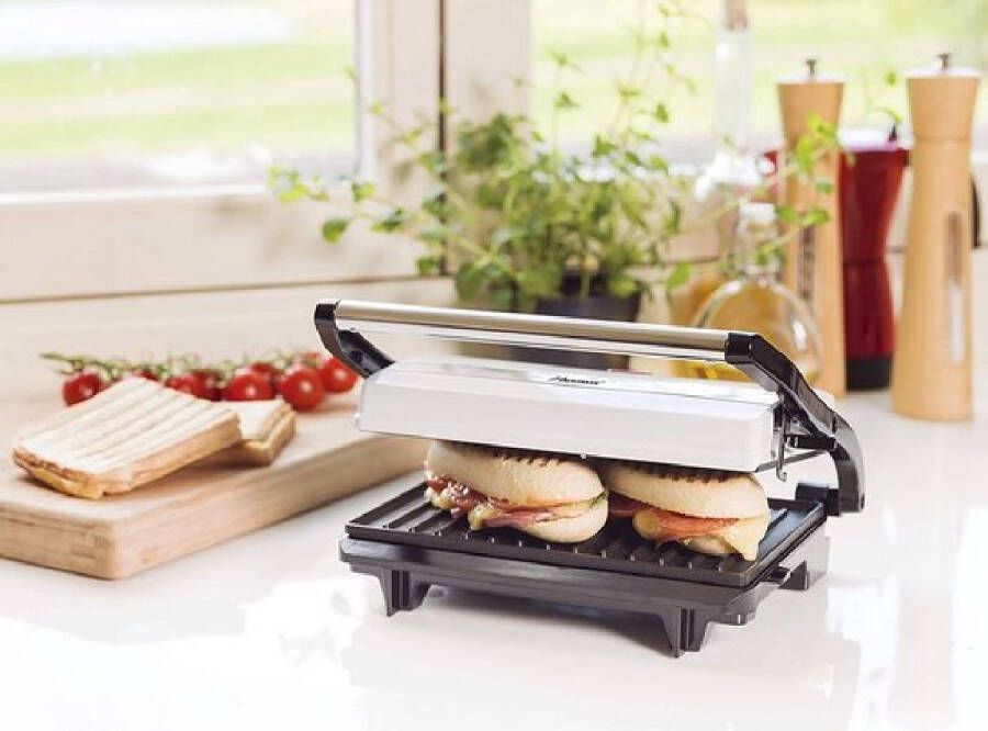 Bestron Contactgrill voor 2 Personen Paninimaker met Vetopvangbak & antiaanbaklaag 700 Watt kleur: Wit