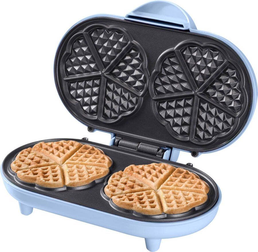 Bestron dubbel Wafelijzer voor klassieke hartwafels Wafelmaker met antiaanbaklaag & indicatielampje 1000 watt blauw