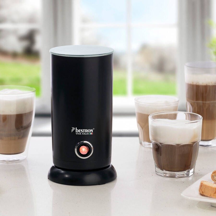 Bestron electrische Melkopschuimer met 360° basis & tot 300ml capaciteit opgeschuimde melk in minder dan 2 minuten Ideaal voor koffie cappuccino & latte macchiato Zwart