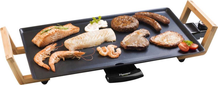 Bestron elektrische Grillplaat voor 4 Personen Teppanyaki Bakplaat met antiaanbaklaag & bamboe handgrepen in aziatisch design 2000W kleur: zwart