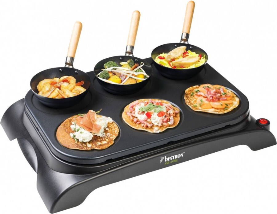 Bestron elektrische Party-Wok-Set Gourmetstel met mini wok pannen voor 6 personen incl. 6 houten pannetjes & 1 opscheplepel 1000 Watt kleur: zwart