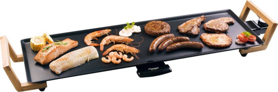 Bestron elektrische XL Grillplaat voor 6 Personen Teppanyaki Bakplaat met antiaanbaklaag & bamboe handgrepen in aziatisch design 1800W kleur: zwart