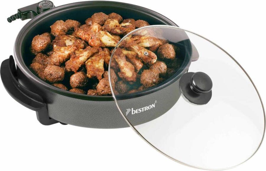Bestron elektrische XL Hapjespan Ø32cm multifunctionele Partypan met glazen deksel met antiaanbaklaag & thermostaat 1.500 watt kleur: zwart