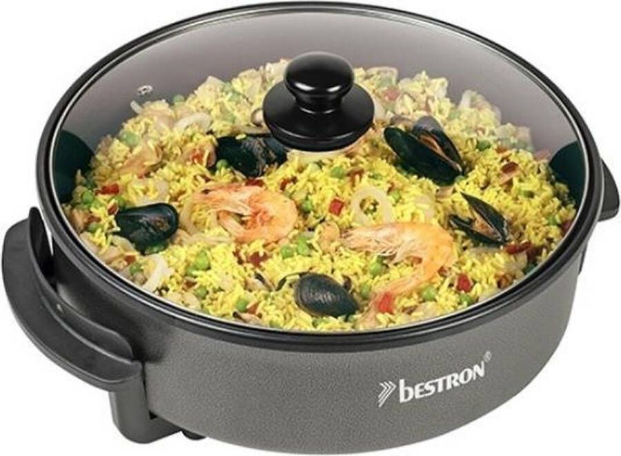 Bestron elektrische XXL Hapjespan Ø40cm multifunctionele Party met glazen deksel met antiaanbaklaag & thermostaat 1.500 watt kleur: zwart