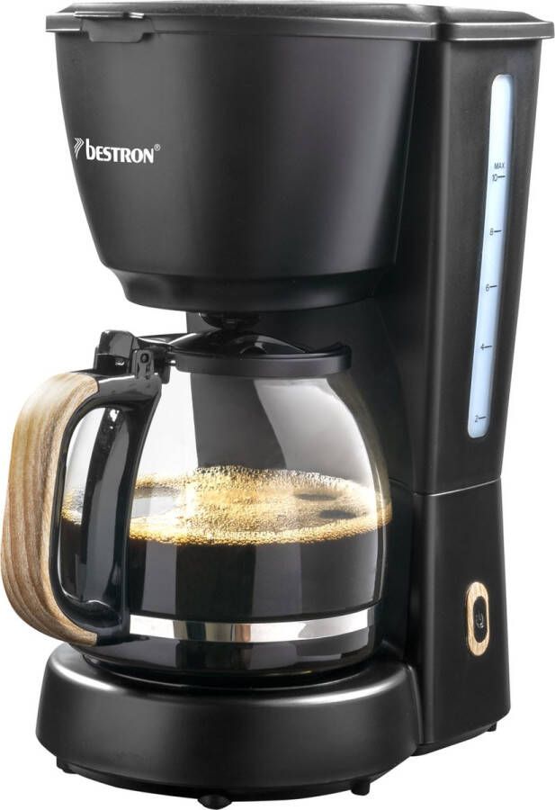 Bestron Filterkoffiezetapparaat voor 10 kopjes koffie filterkoffiemachine incl. glazen kan van 1 5 liter vast filter & warmhoudplaatje 1000 Watt Black & Wood Design kleur: zwart hout