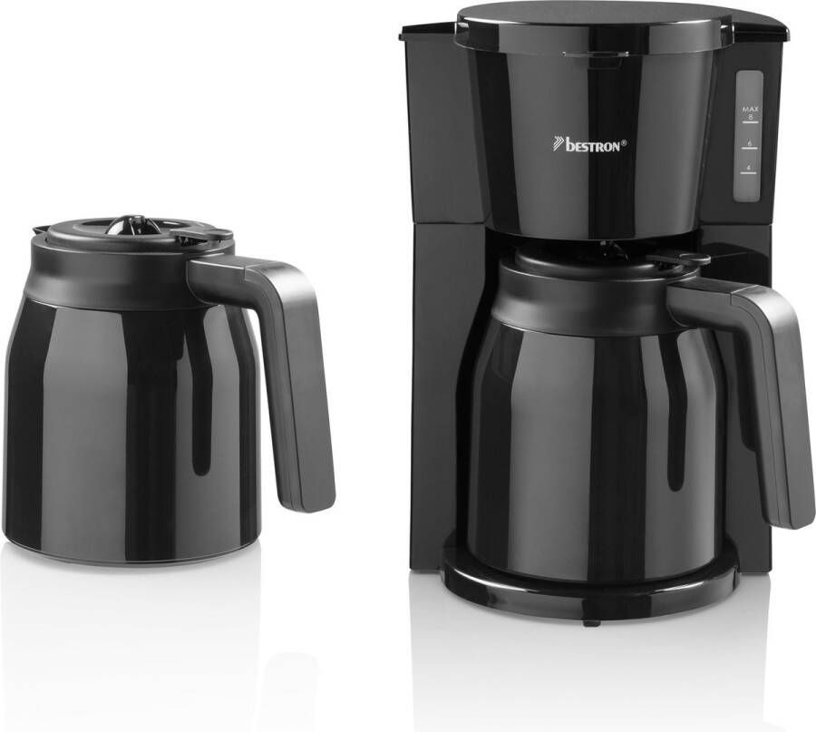 Bestron Filterkoffiezetapparaat voor 8 kopjes koffie Filterkoffiemachine incl. twee Thermokannen Permanentfilter & Indicatielampje 900Watt kleur: Zwart