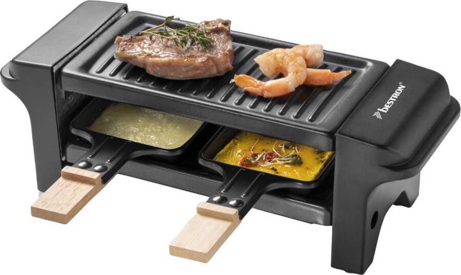 Bestron Mini Raclette Gourmetstel voor 1 tot 2 personen incl. 2 pannen 2 houten spatels & 2 onderzetter met antiaanbaklaag 350W kleur: zwaart hout