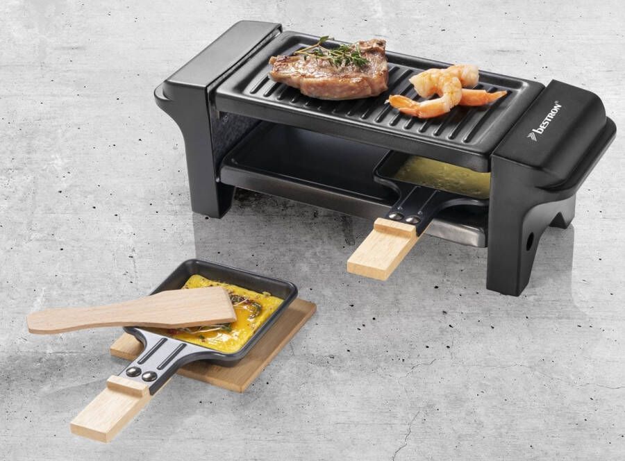 Bestron Mini Raclette Gourmetstel voor 1 tot 2 personen incl. 2 pannen 2 houten spatels & 2 onderzetter met antiaanbaklaag 350W kleur: zwaart hout