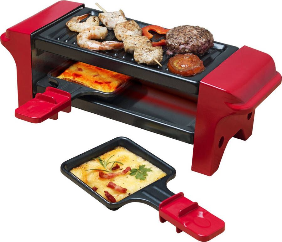 Bestron Mini Raclette Gourmetstel voor 1 tot 2 personen incl. 2 pannen & 2 houten spatels met antiaanbaklaag 350W kleur: rood zwaart