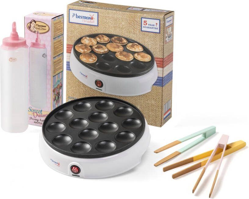 Bestron Poffertjesmaker in retro design + doseerfles voor 700 ml met schaalverdeling + 3x Servertang Cadeu set kleur: Multikleurig Wit