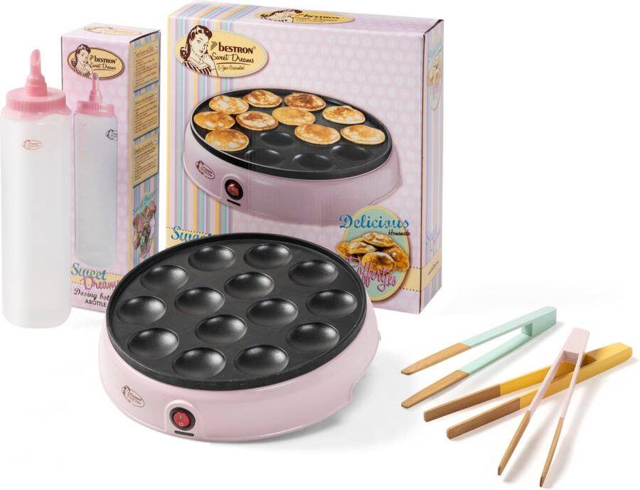 Bestron Poffertjesmaker in retro design + doseerfles voor 700 ml met schaalverdeling + 3x Servertang Cadeu set kleur: Multikleurig Roze